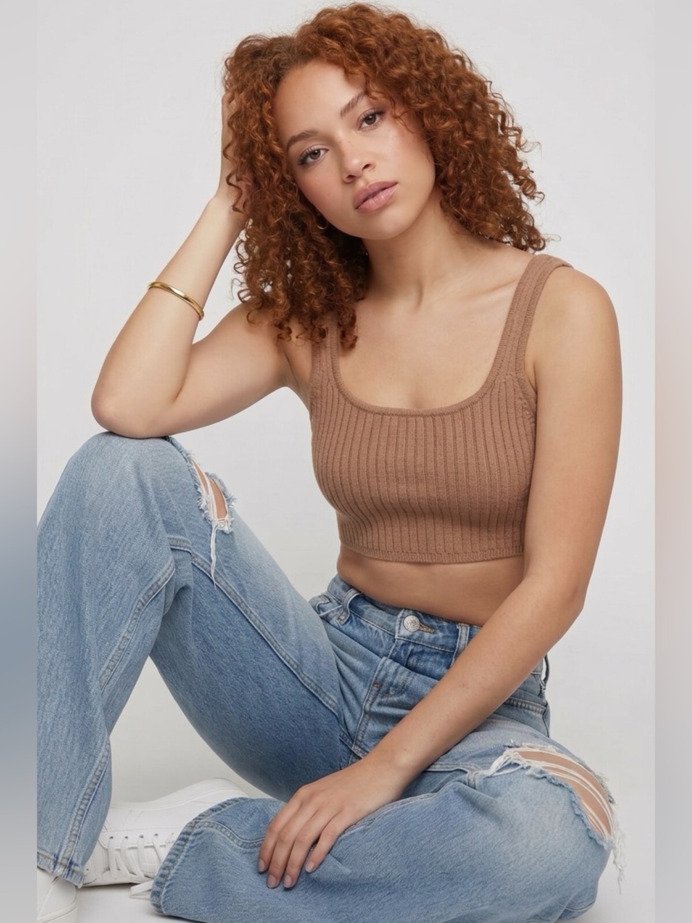 Wilfred Ribbed Knit Crop Tank Top - Tan Pink